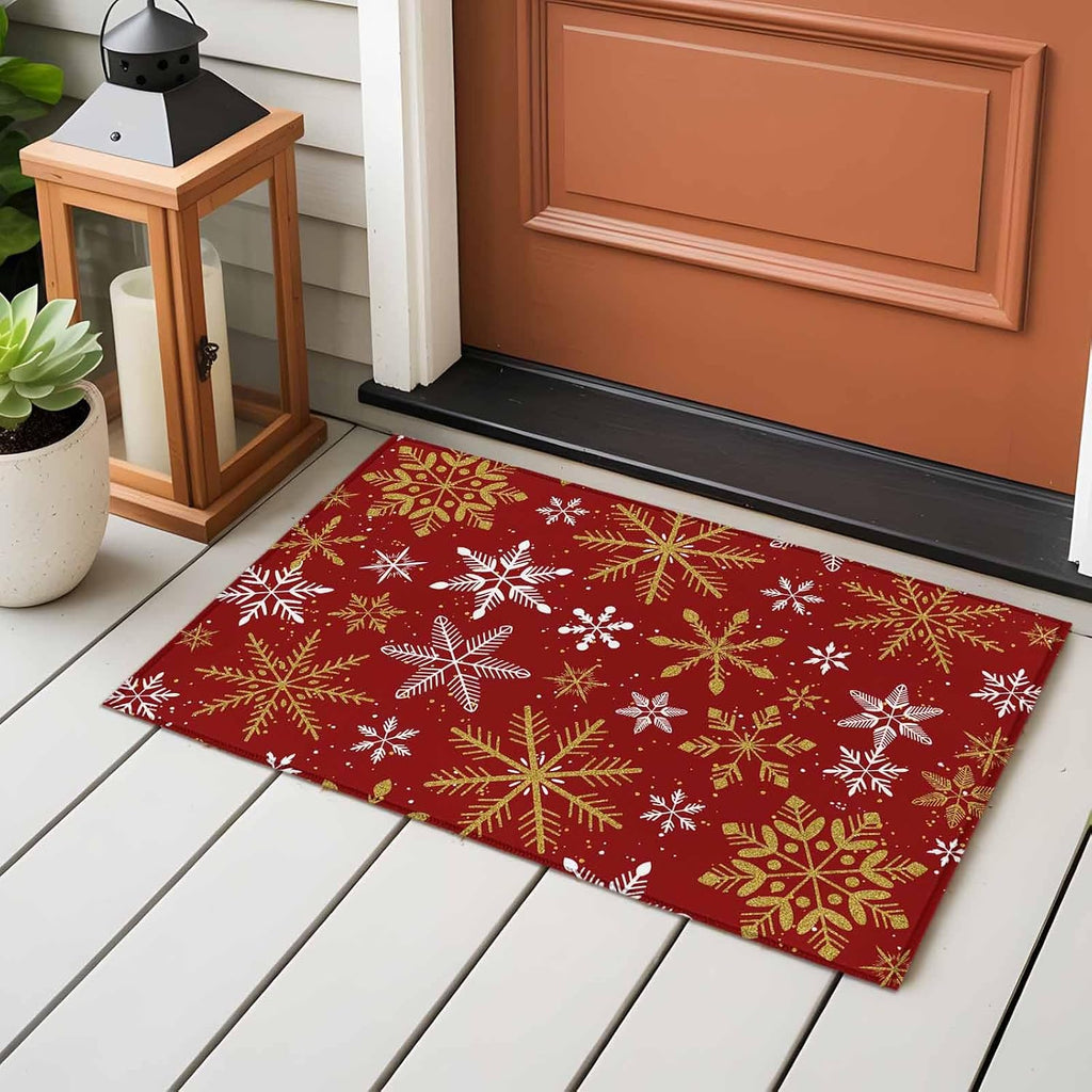 Winter Yellow Snowflake 2x3 Area Rugs for Living Room, Christmas White Snowflake Red Non Slip Floor Mat Washable Low-Profile Indoor Carpet for Bedroom, Dining Room, Bathroom
