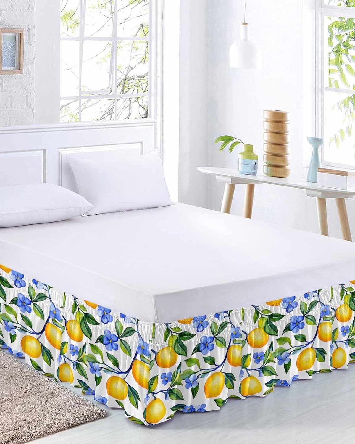 Yellow Lemon Bed Skirt Queen Size 16 Inch Drop, Adjustable Elastic Wrap Around Bed Skirts Easy Fitting Dust Ruffle Bedskirt Bed Frame Cover Blue Flower Botanical Blossom Motif Spring