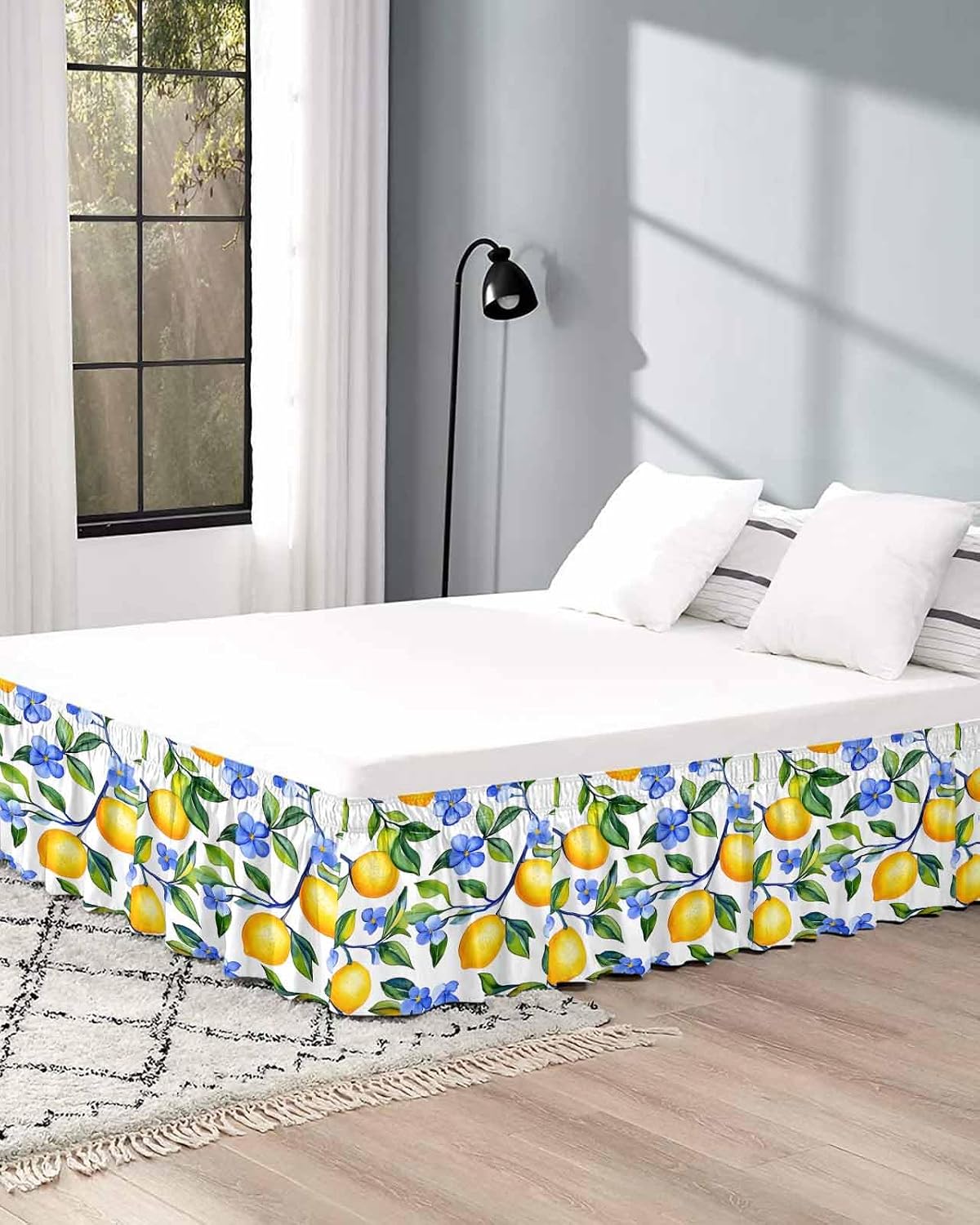 Yellow Lemon Bed Skirt Queen Size 16 Inch Drop, Adjustable Elastic Wrap Around Bed Skirts Easy Fitting Dust Ruffle Bedskirt Bed Frame Cover Blue Flower Botanical Blossom Motif Spring