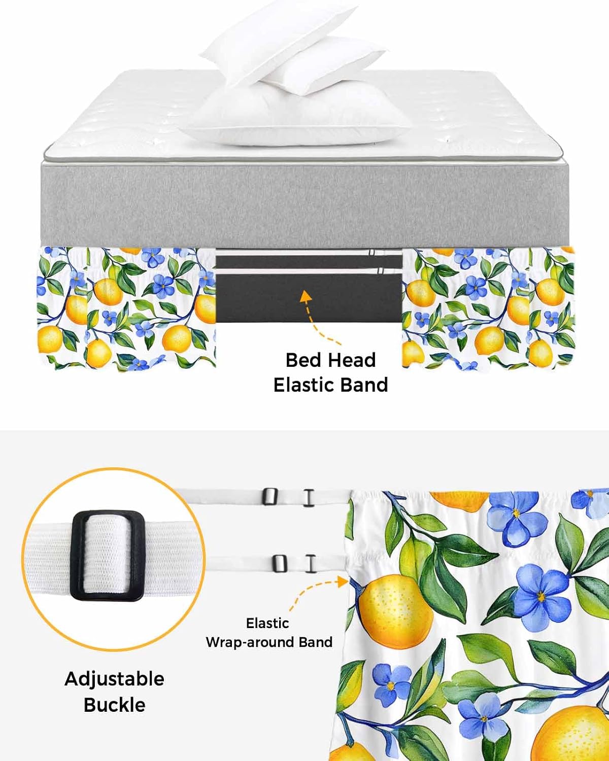 Yellow Lemon Bed Skirt Queen Size 16 Inch Drop, Adjustable Elastic Wrap Around Bed Skirts Easy Fitting Dust Ruffle Bedskirt Bed Frame Cover Blue Flower Botanical Blossom Motif Spring