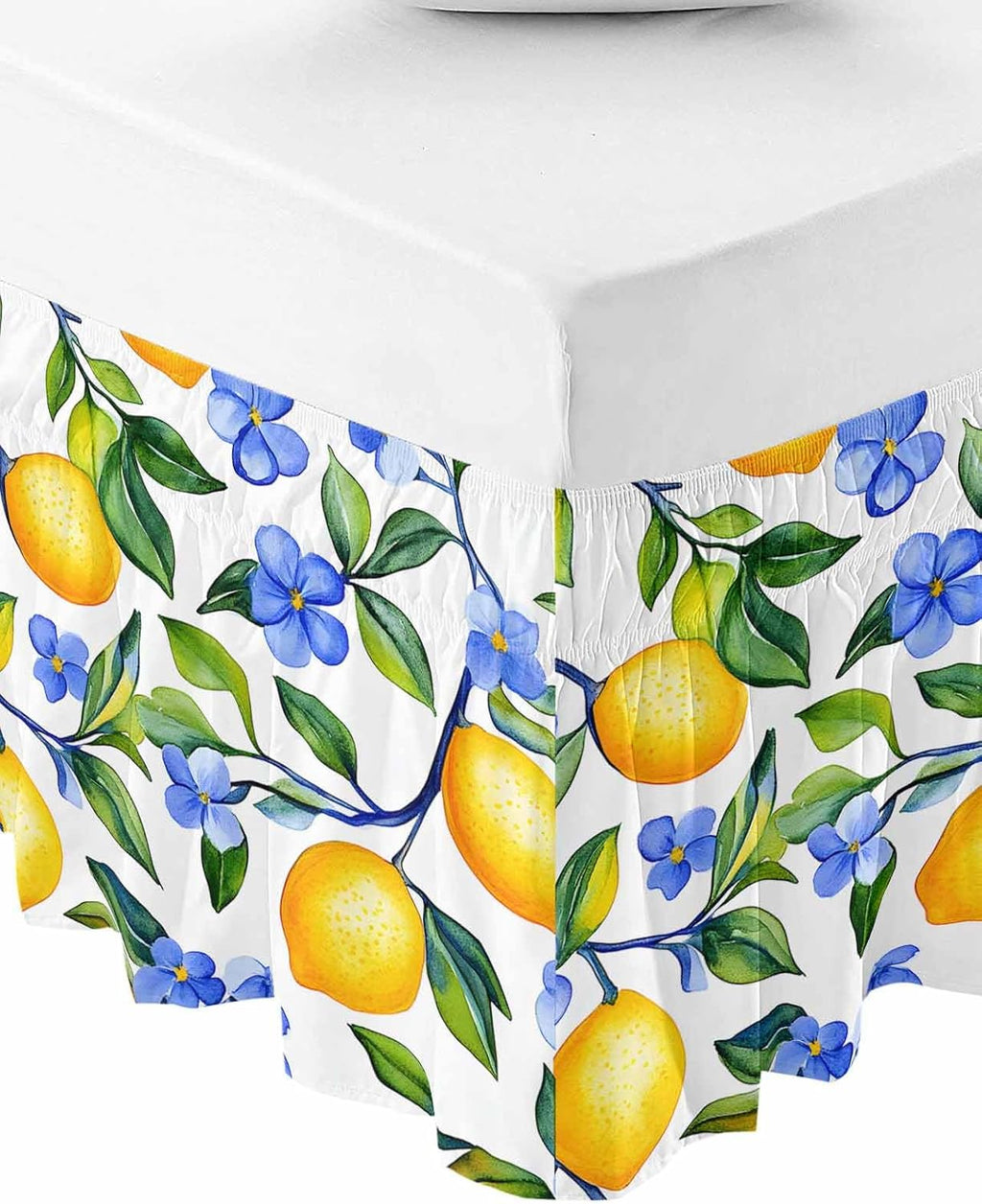 Yellow Lemon Bed Skirt Queen Size 16 Inch Drop, Adjustable Elastic Wrap Around Bed Skirts Easy Fitting Dust Ruffle Bedskirt Bed Frame Cover Blue Flower Botanical Blossom Motif Spring