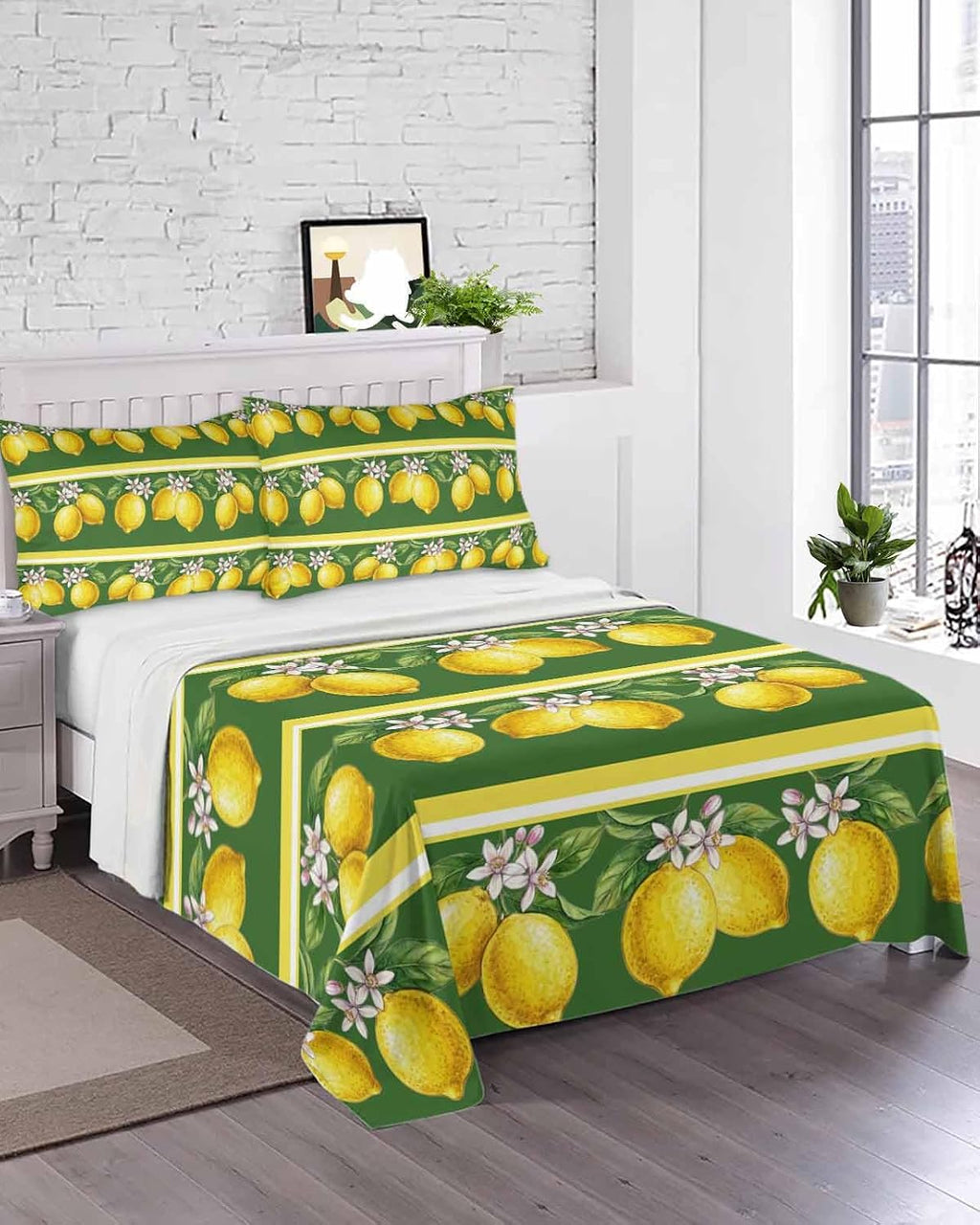 Queen Size Top Sheet Only, Summer Lemons Green Leaves Flat Sheet Microfiber Breathable Soft Bed Sheets, Yellow Striped Hotel Bedding Flat Sheets for Bedroom