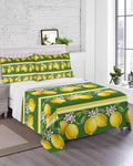 Queen Size Top Sheet Only, Summer Lemons Green Leaves Flat Sheet Microfiber Breathable Soft Bed Sheets, Yellow Striped Hotel Bedding Flat Sheets for Bedroom