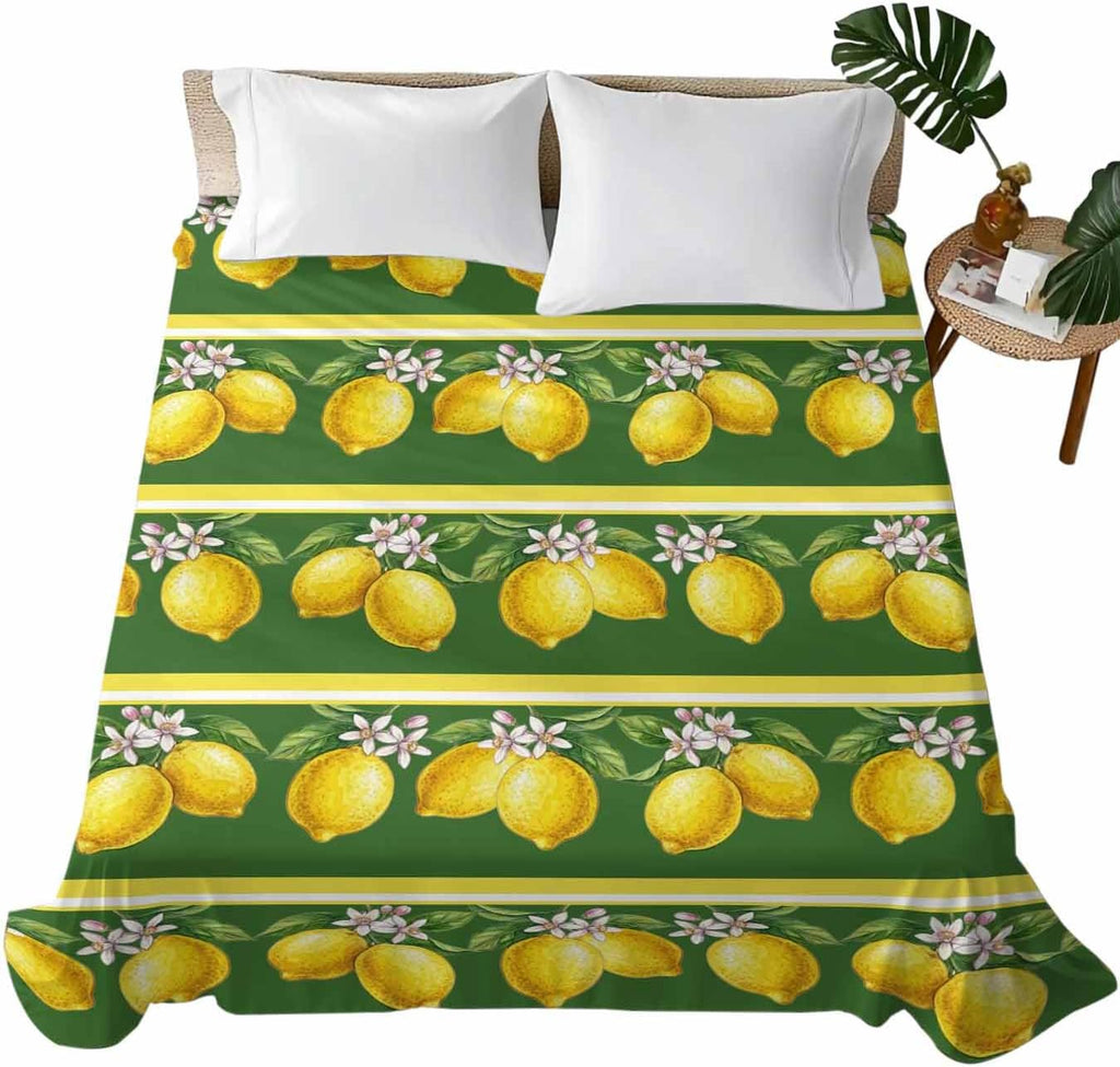 Queen Size Top Sheet Only, Summer Lemons Green Leaves Flat Sheet Microfiber Breathable Soft Bed Sheets, Yellow Striped Hotel Bedding Flat Sheets for Bedroom