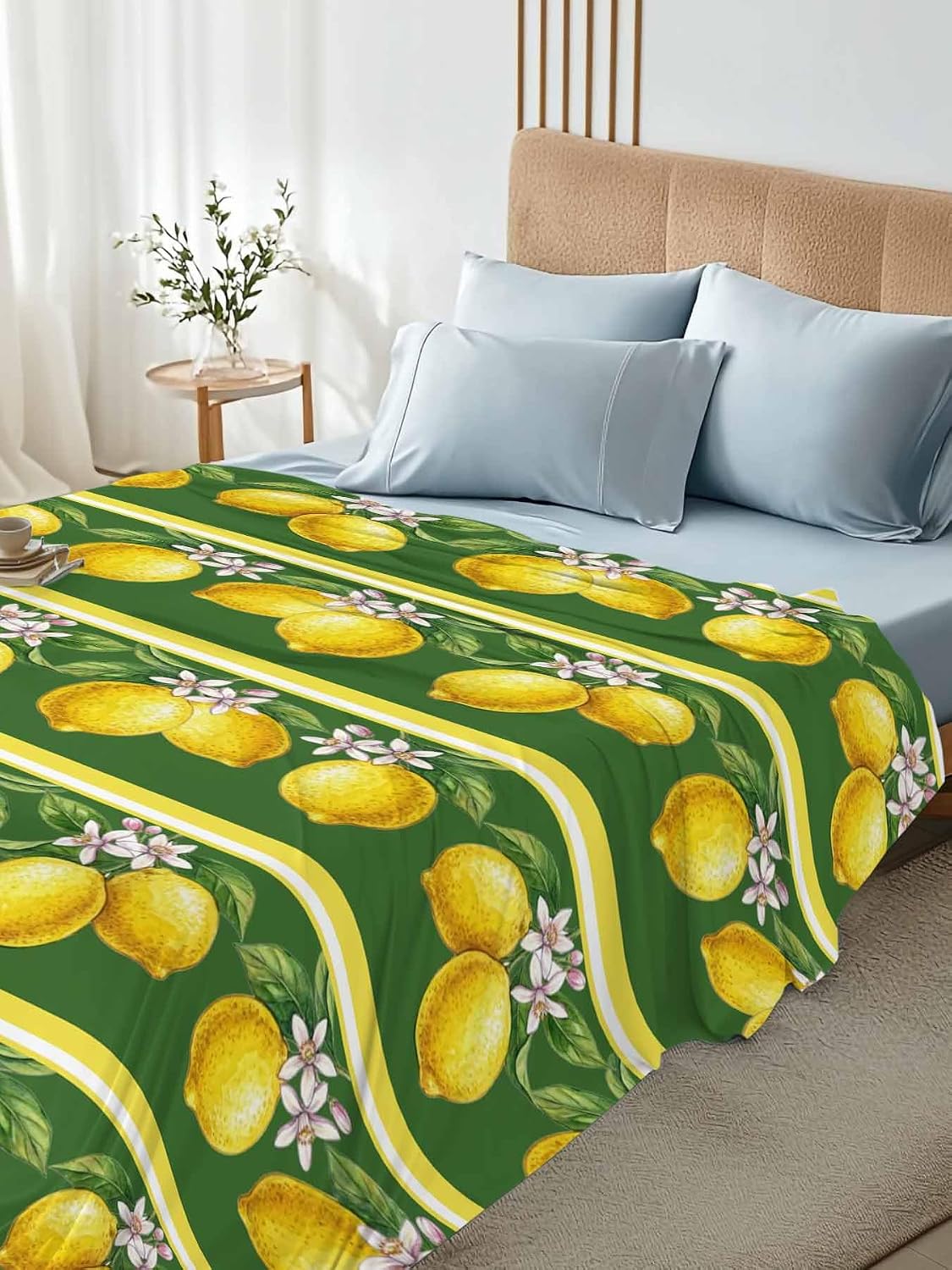 Queen Size Top Sheet Only, Summer Lemons Green Leaves Flat Sheet Microfiber Breathable Soft Bed Sheets, Yellow Striped Hotel Bedding Flat Sheets for Bedroom