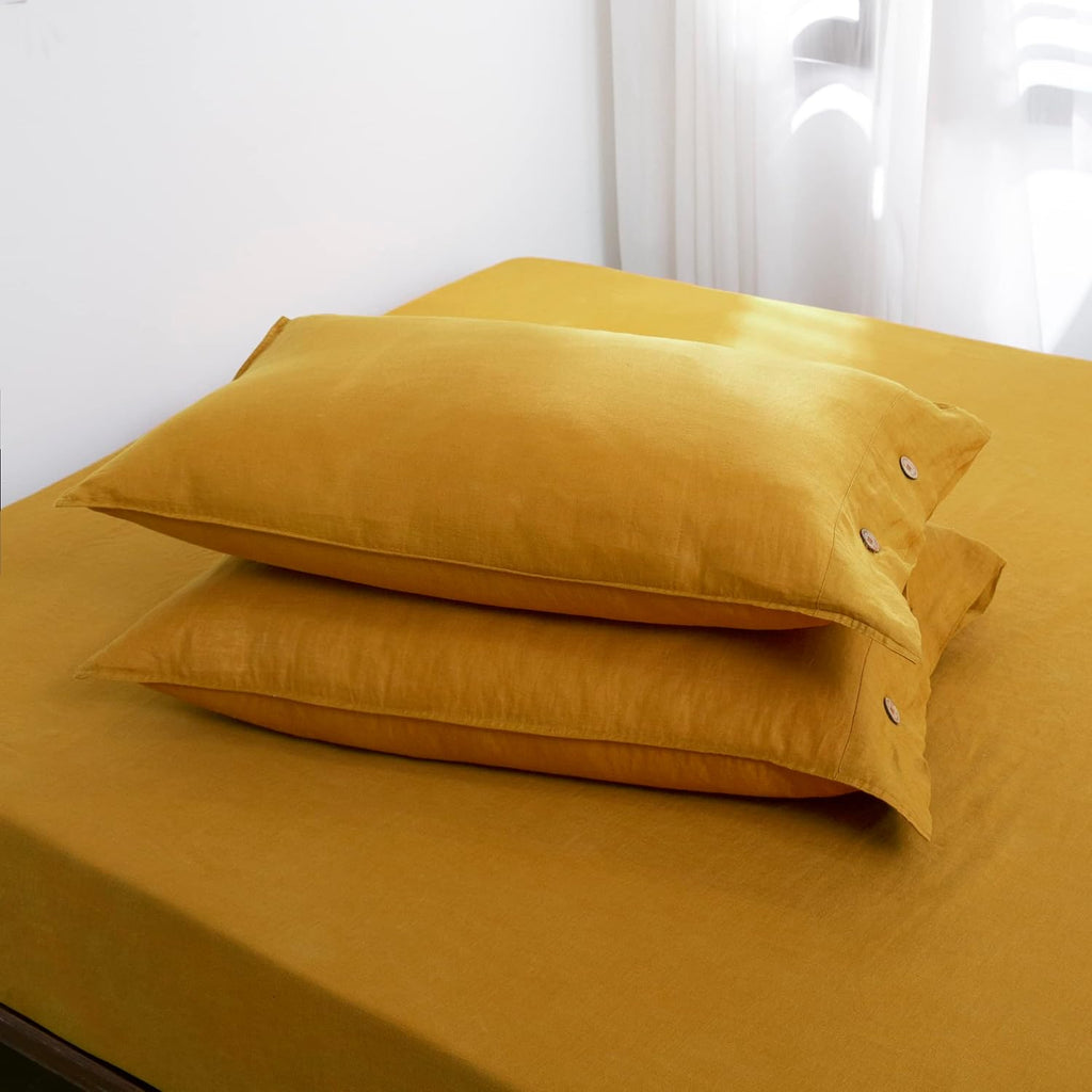 100% Organic Linen Pillowcases Standard Size 20"x30" Set of 2,French Natural Linen Pillow Cases Coconut Buttons Closure Flax Pillowshams,Mustard Yellow