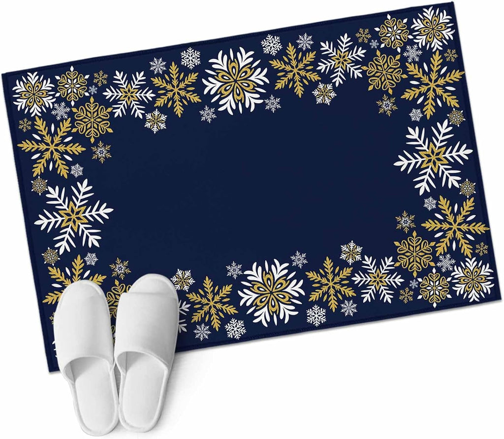 Retro Yellow Snowflake 2x3 Area Rugs for Living Room, Winter Christmas Navy Background Non Slip Floor Mat Washable Low-Profile Indoor Carpet for Bedroom, Dining Room, Bathroom