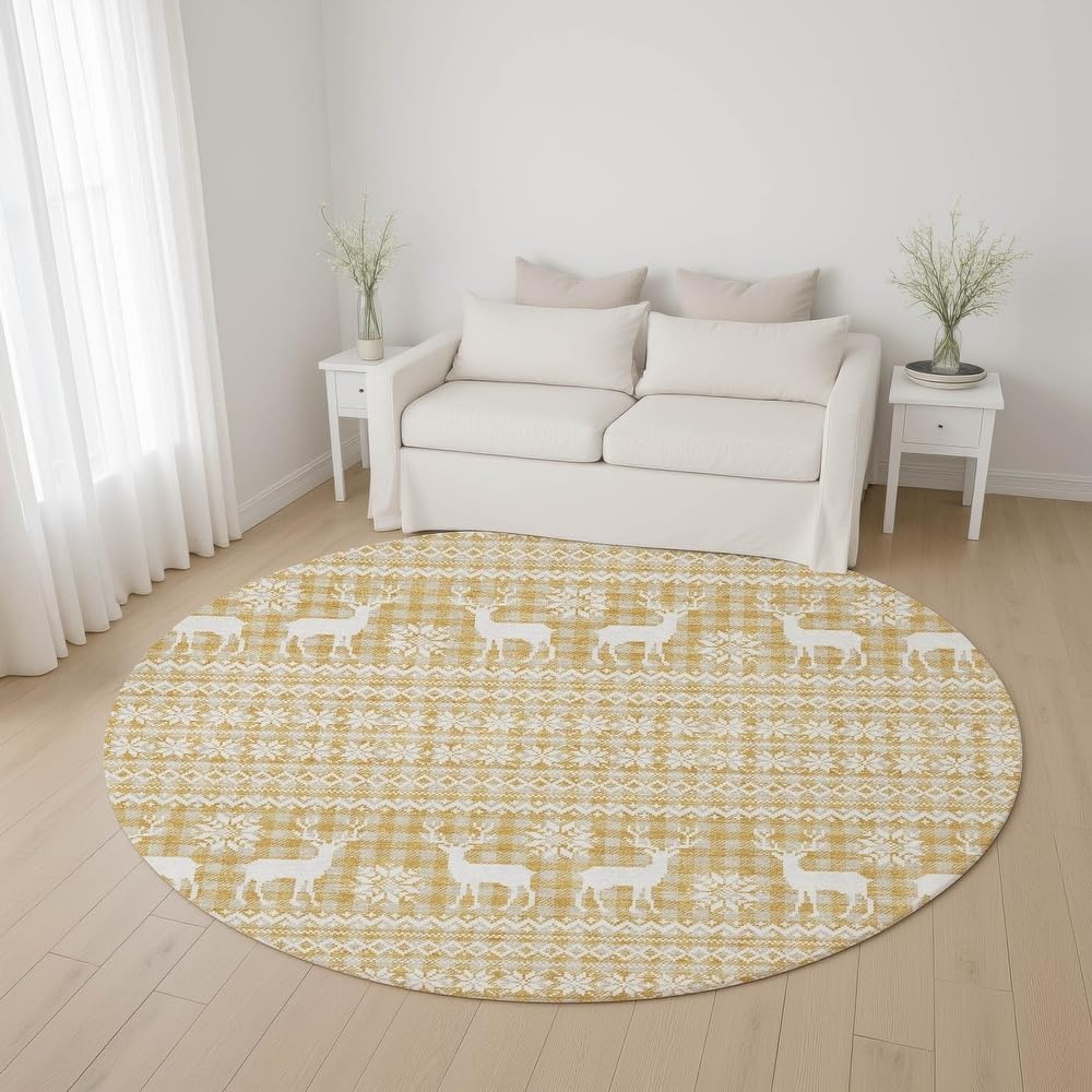 Holiday Festive Theme Soft Plush Thick Pile Christmas Area Rug Round 8' x 8' | Winter Cheer Xmas Playful Deer Snowflakes Plaid Patterns Gold Yellow White Color | Washable Nonslip Indoor Outdoor Rugs