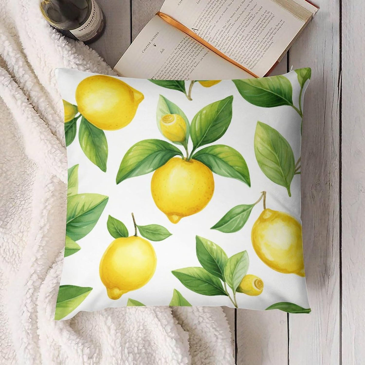 Pillow Protectors with Zipper Standard Size Watercolor Lemon with Green Leaves Pattern Pillowcase Yellow Green Lemon Outdoor Sofa Cushion Cover Modern Decor for Sofa Couch 24 "x24