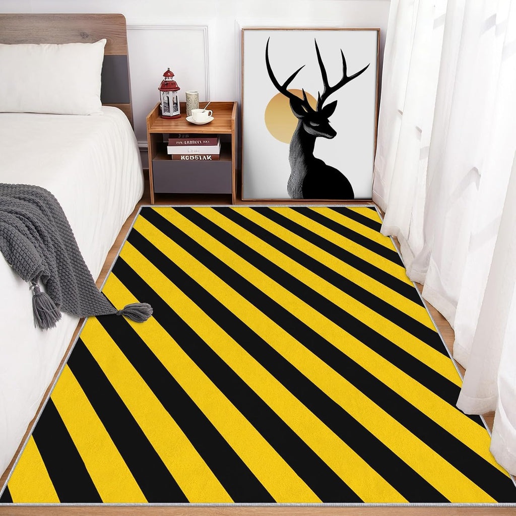 Yellow and Black Striped Door Mat for Entryway, Washable 2x3 Yellow and Black Small Rug, Modern Stripes Area Rugs for Bedroom Decor, Non Slip Low Pile Soft Front Door Rug D&T13