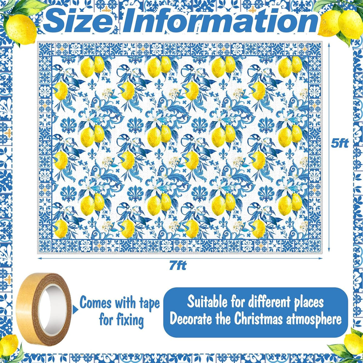 5x7 ft Lemon Area Rug Blue Yellow Mediterranean Italian Style Summer Kitchen Rug Non Slip Washable Textured Carpet for Living Room Bedroom Laundry Room Indoor Home Decor