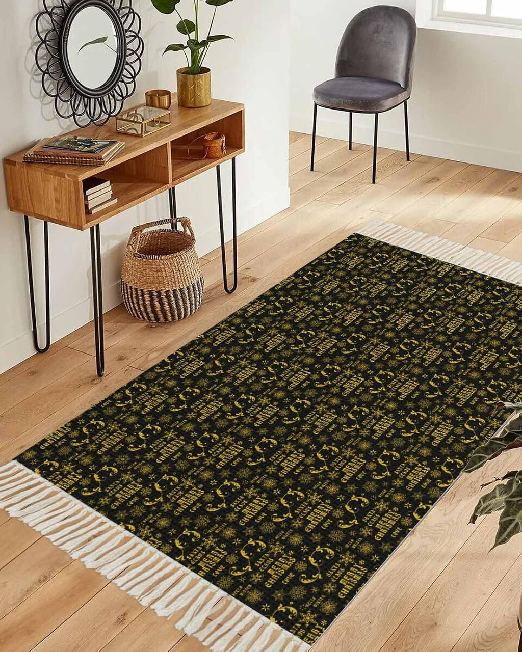 Christmas Black Area Rug 3x5ft Woven Runner Rug,Winter Xmas Yellow Snowflake Retro Washable Living Room Hallway Bedroom Kitchen Carpet with Tassels,Non-Shedding Indoor Throw Door Mat for Entryway