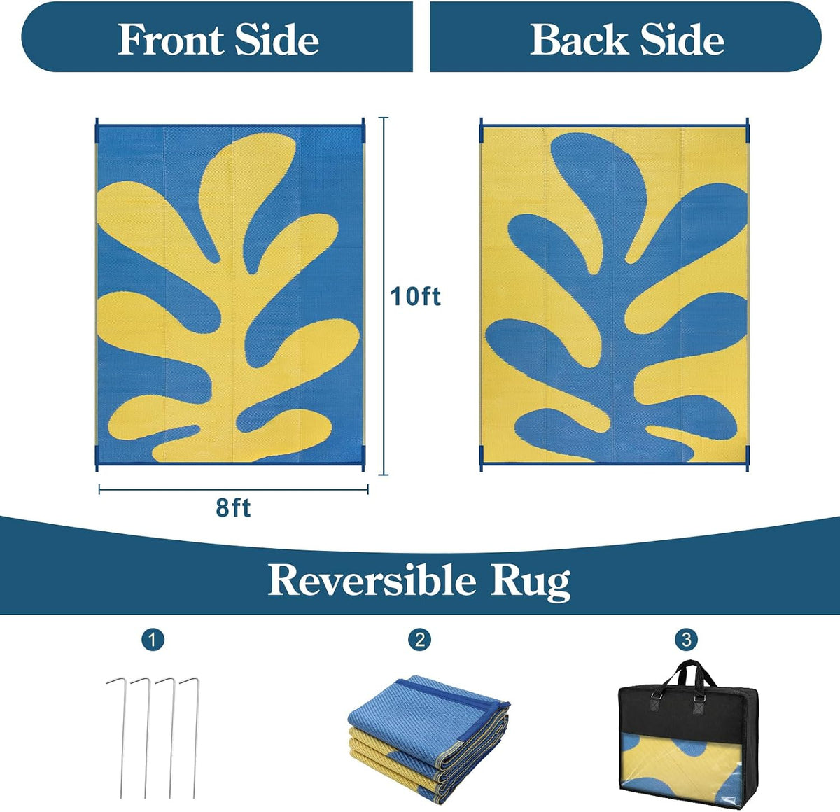Abstract 8x10 Outdoor Rugs, Modern Coral Waterproof Reversible Plastic Straw Rug for Patio, Foldable Lightweight Outside Carpet for Deck, Balcony, RV, Beach, Blue/Yellow