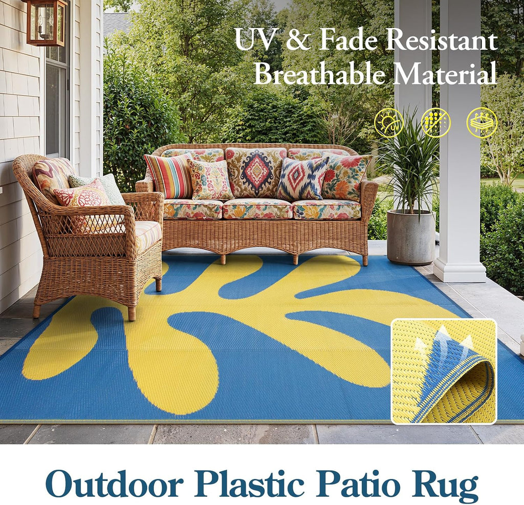 Abstract 8x10 Outdoor Rugs, Modern Coral Waterproof Reversible Plastic Straw Rug for Patio, Foldable Lightweight Outside Carpet for Deck, Balcony, RV, Beach, Blue/Yellow