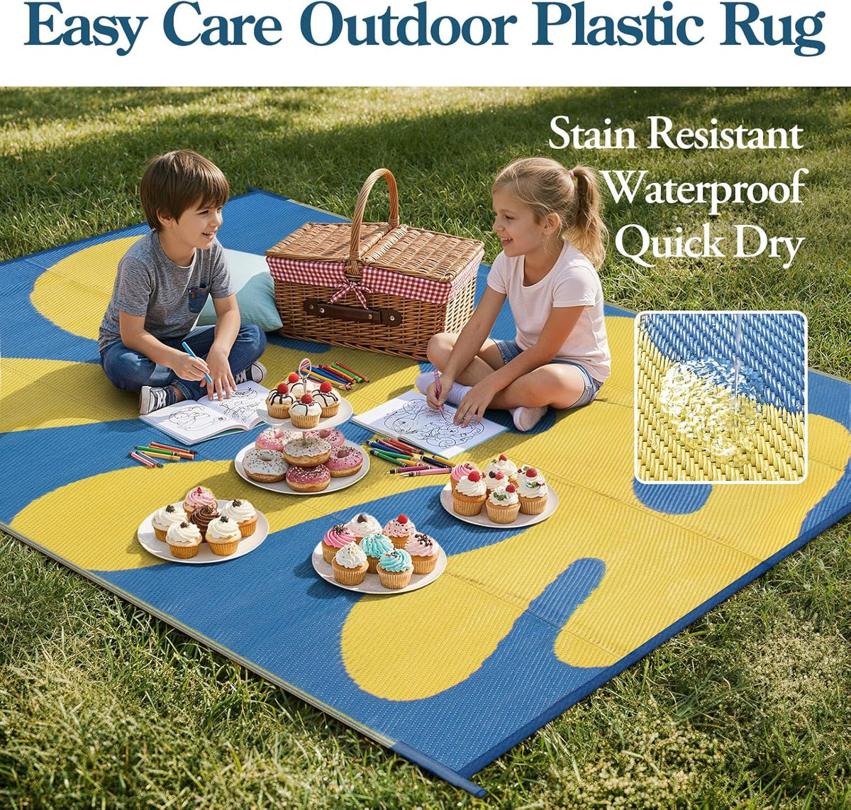 Abstract 8x10 Outdoor Rugs, Modern Coral Waterproof Reversible Plastic Straw Rug for Patio, Foldable Lightweight Outside Carpet for Deck, Balcony, RV, Beach, Blue/Yellow