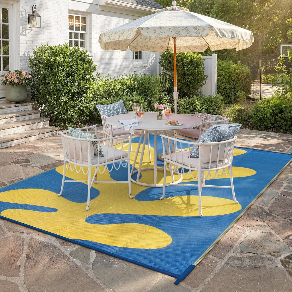 Abstract 8x10 Outdoor Rugs, Modern Coral Waterproof Reversible Plastic Straw Rug for Patio, Foldable Lightweight Outside Carpet for Deck, Balcony, RV, Beach, Blue/Yellow