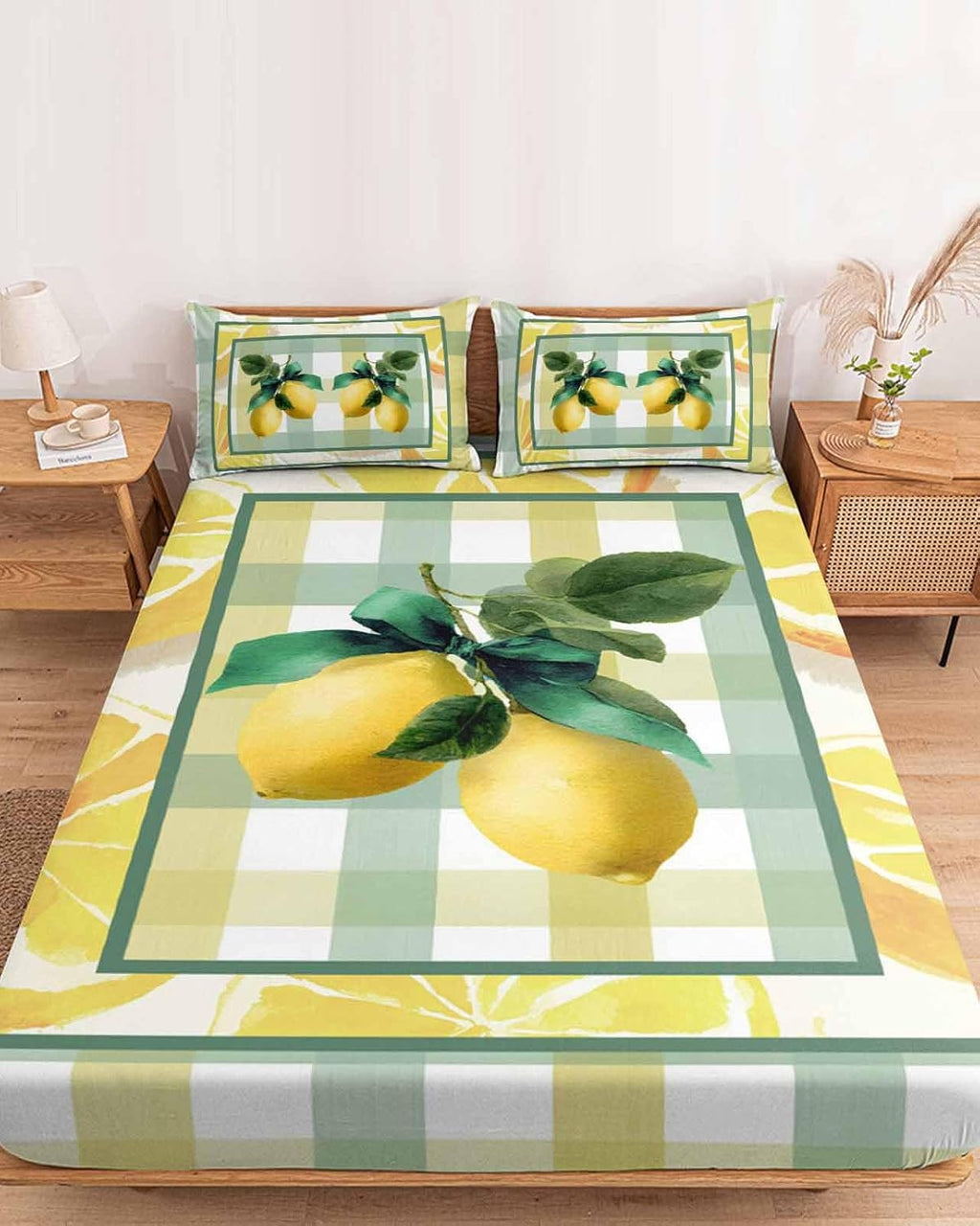 Twin Sze Fitted Sheet Set - Lemon 2 Piece Bedding Sets 16" Deep Pocket Fitted Sheet with 1 Pillowcase, Botanical Fruit Leaves Bow Yellow Green Striped Brushed Microfiber Hotel Luxury Bed Sheets