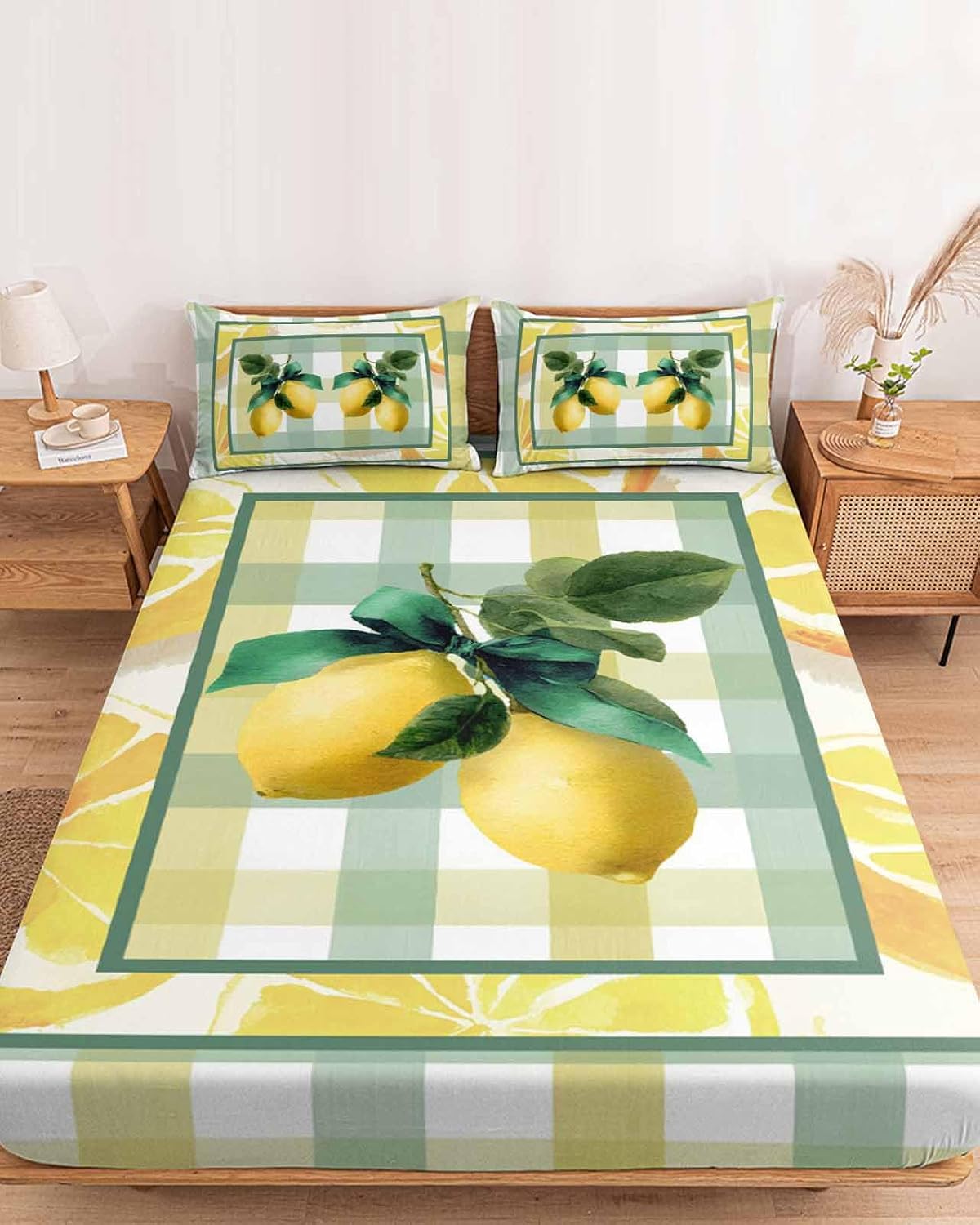 Twin Sze Fitted Sheet Set - Lemon 2 Piece Bedding Sets 16" Deep Pocket Fitted Sheet with 1 Pillowcase, Botanical Fruit Leaves Bow Yellow Green Striped Brushed Microfiber Hotel Luxury Bed Sheets