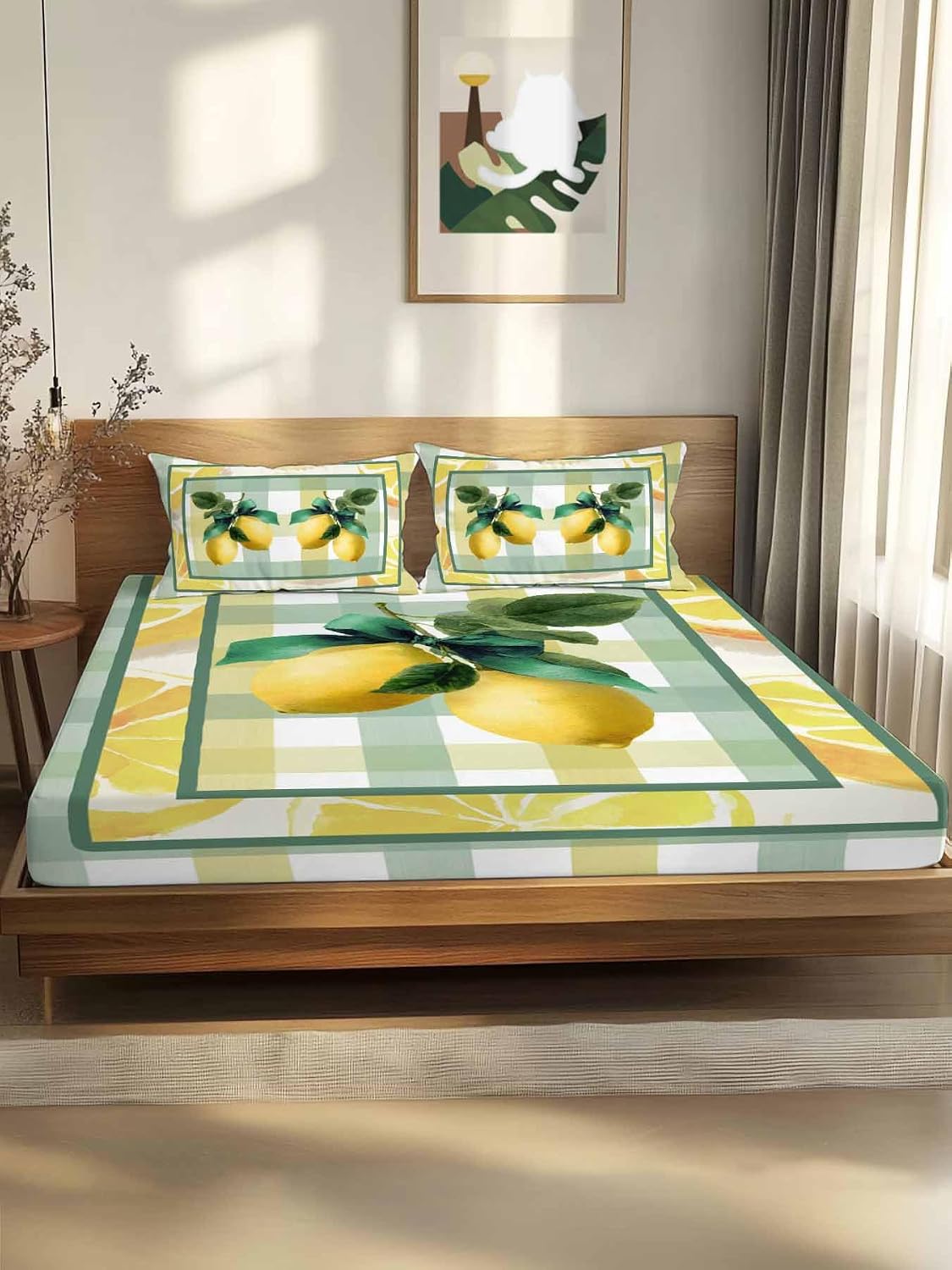 Twin Sze Fitted Sheet Set - Lemon 2 Piece Bedding Sets 16" Deep Pocket Fitted Sheet with 1 Pillowcase, Botanical Fruit Leaves Bow Yellow Green Striped Brushed Microfiber Hotel Luxury Bed Sheets