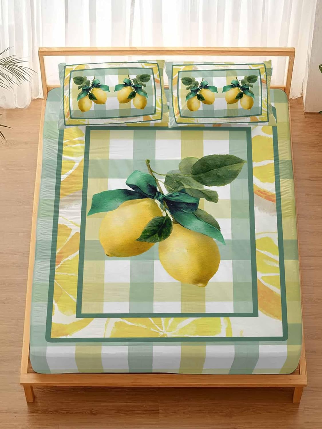 Twin Sze Fitted Sheet Set - Lemon 2 Piece Bedding Sets 16" Deep Pocket Fitted Sheet with 1 Pillowcase, Botanical Fruit Leaves Bow Yellow Green Striped Brushed Microfiber Hotel Luxury Bed Sheets