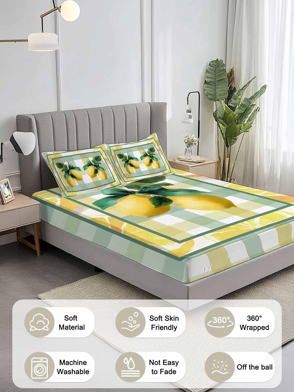 Twin Sze Fitted Sheet Set - Lemon 2 Piece Bedding Sets 16" Deep Pocket Fitted Sheet with 1 Pillowcase, Botanical Fruit Leaves Bow Yellow Green Striped Brushed Microfiber Hotel Luxury Bed Sheets