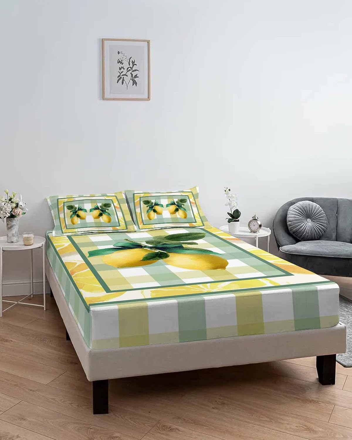 Twin Sze Fitted Sheet Set - Lemon 2 Piece Bedding Sets 16" Deep Pocket Fitted Sheet with 1 Pillowcase, Botanical Fruit Leaves Bow Yellow Green Striped Brushed Microfiber Hotel Luxury Bed Sheets