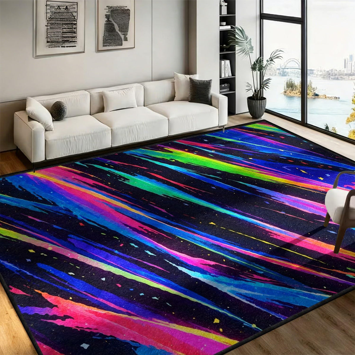 Colorful Meteor Area Rug, 4x6ft, Black Starry Sky Pink Blue Yellow Green Stripe Pattern Rug, Game Room Non-Slip Washable Soft Area Rugs, Cyberpunk Neon Decorative Carpet