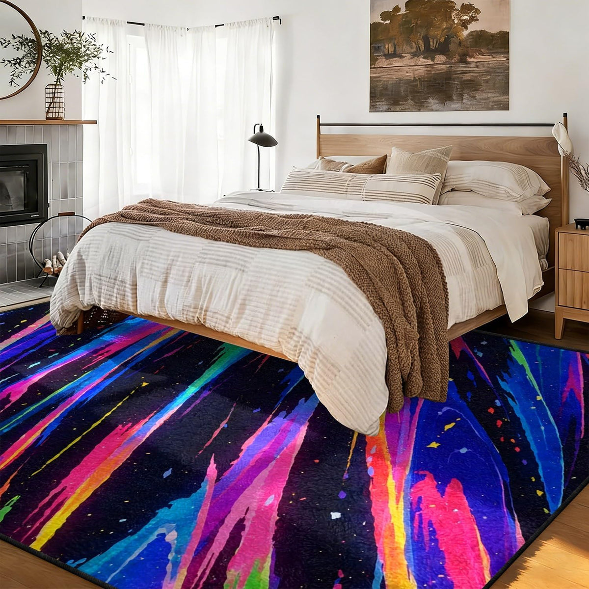 Colorful Meteor Area Rug, 4x6ft, Black Starry Sky Pink Blue Yellow Green Stripe Pattern Rug, Game Room Non-Slip Washable Soft Area Rugs, Cyberpunk Neon Decorative Carpet