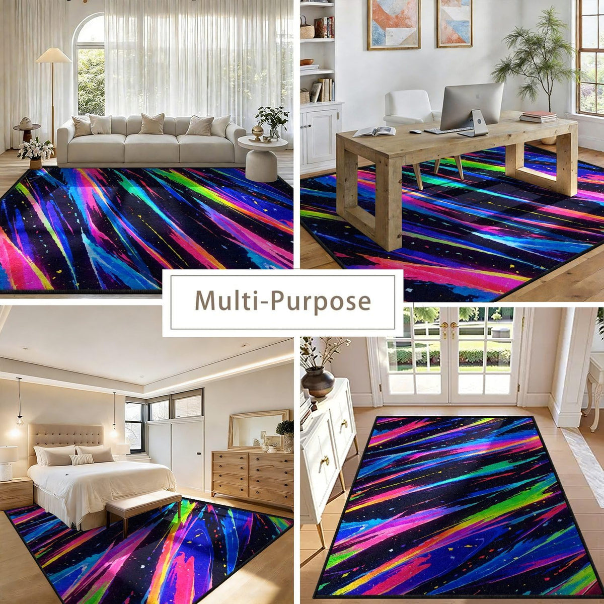 Colorful Meteor Area Rug, 4x6ft, Black Starry Sky Pink Blue Yellow Green Stripe Pattern Rug, Game Room Non-Slip Washable Soft Area Rugs, Cyberpunk Neon Decorative Carpet