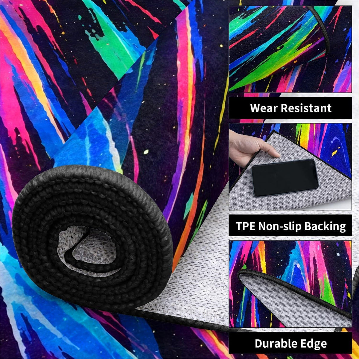 Colorful Meteor Area Rug, 4x6ft, Black Starry Sky Pink Blue Yellow Green Stripe Pattern Rug, Game Room Non-Slip Washable Soft Area Rugs, Cyberpunk Neon Decorative Carpet