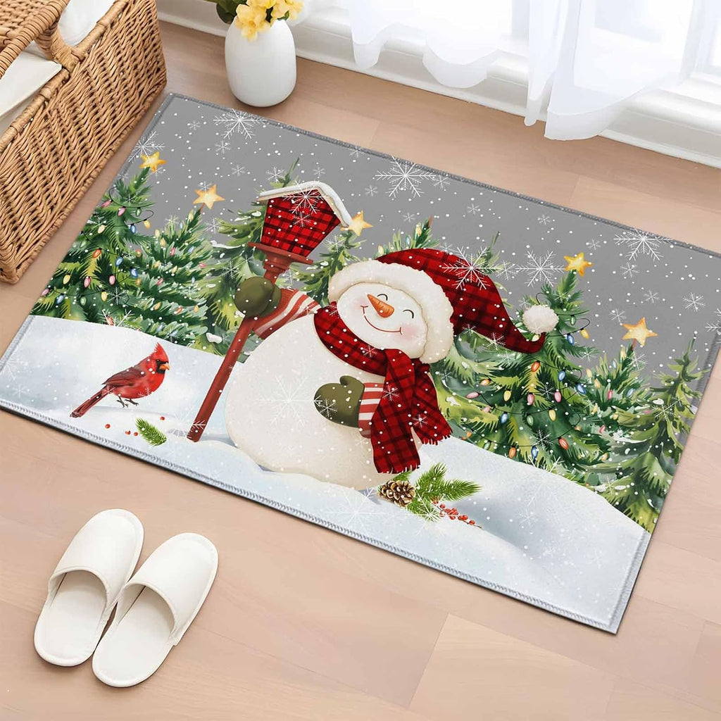 Rectangle Area Rug 2x3ft, Xmas Snowman Pine Tree on Gray Non Slip Floor Mat, Winter Snowflake Yellow Star Non Shedding Washable Floor Carpets for Living Room Bedroom Home Decor