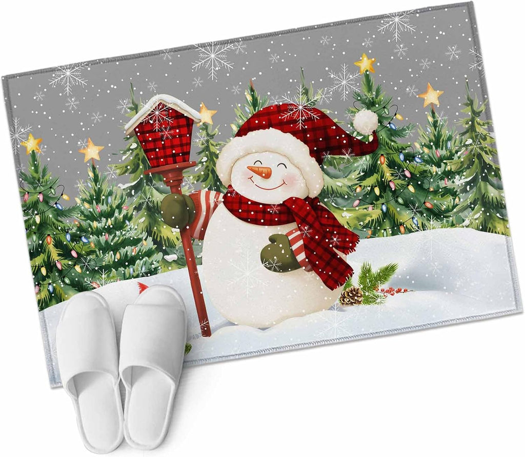 Rectangle Area Rug 2x3ft, Xmas Snowman Pine Tree on Gray Non Slip Floor Mat, Winter Snowflake Yellow Star Non Shedding Washable Floor Carpets for Living Room Bedroom Home Decor