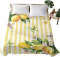 Lemon Flower Flat Bed Sheet Queen Size for Queen Mattress, Microfiber Bedding Top Sheets Deep Pocket for All Seasons, Yellow Vertical Stripes Butterfly Farmhouse Soft & Breathable Hotel Quality