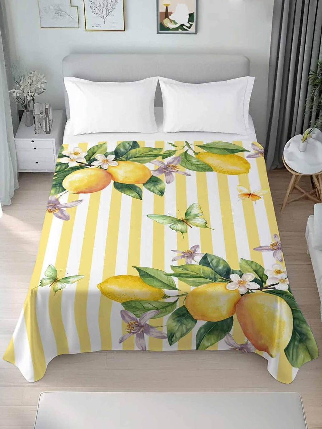 Lemon Flower Flat Bed Sheet Queen Size for Queen Mattress, Microfiber Bedding Top Sheets Deep Pocket for All Seasons, Yellow Vertical Stripes Butterfly Farmhouse Soft & Breathable Hotel Quality