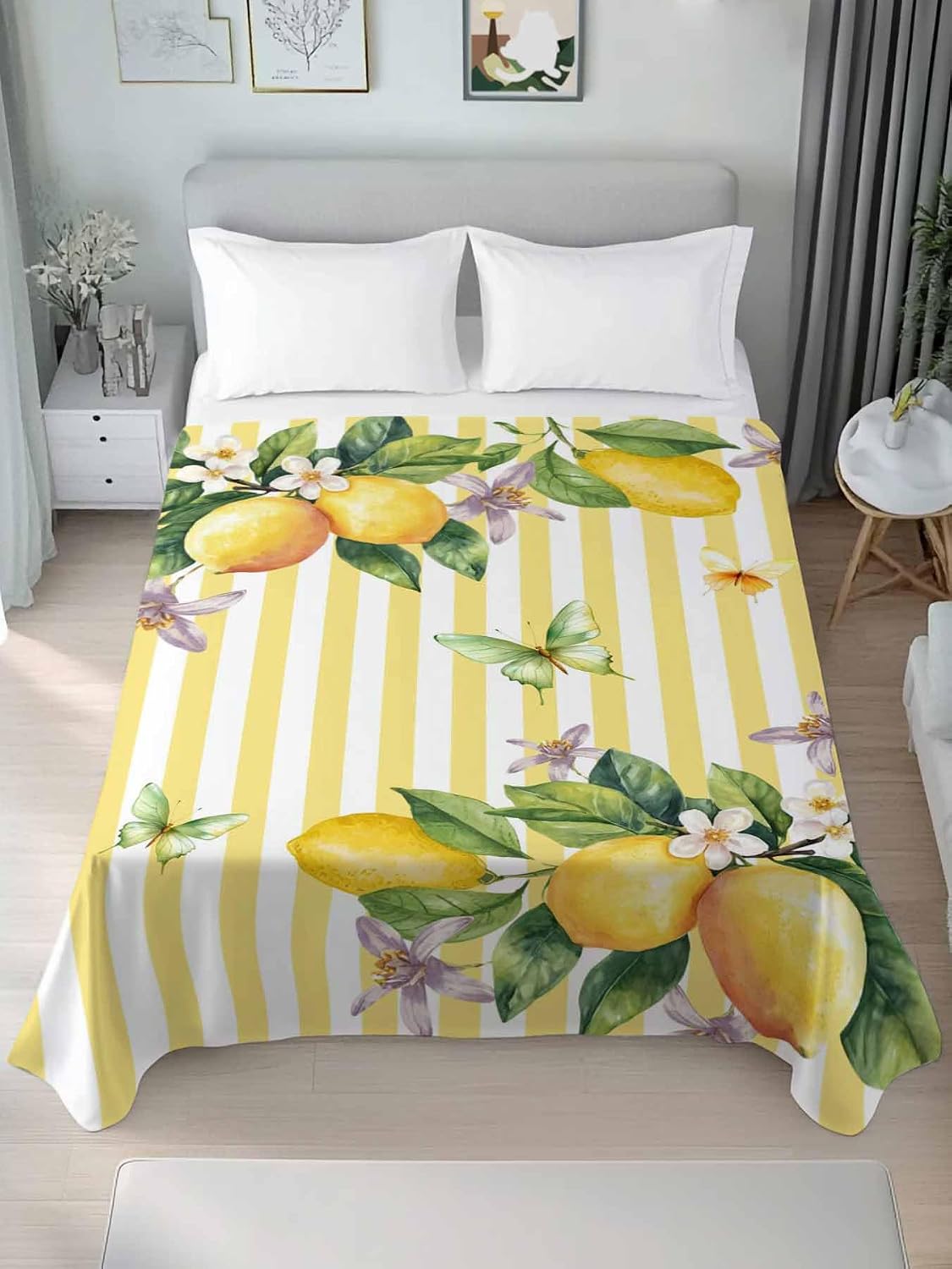 Lemon Flower Flat Bed Sheet Queen Size for Queen Mattress, Microfiber Bedding Top Sheets Deep Pocket for All Seasons, Yellow Vertical Stripes Butterfly Farmhouse Soft & Breathable Hotel Quality
