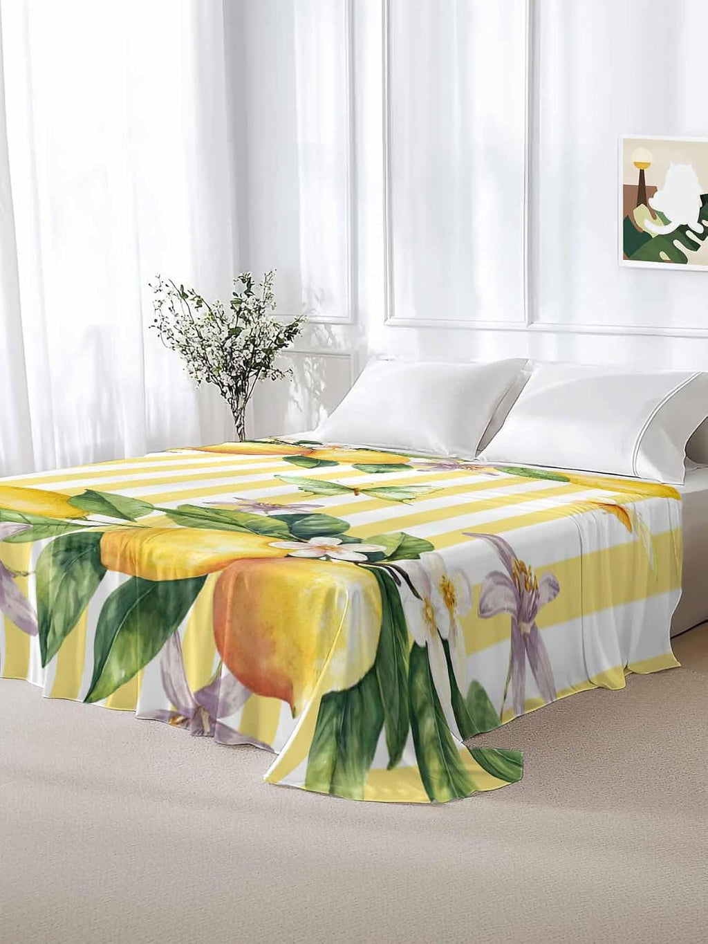 Lemon Flower Flat Bed Sheet Queen Size for Queen Mattress, Microfiber Bedding Top Sheets Deep Pocket for All Seasons, Yellow Vertical Stripes Butterfly Farmhouse Soft & Breathable Hotel Quality