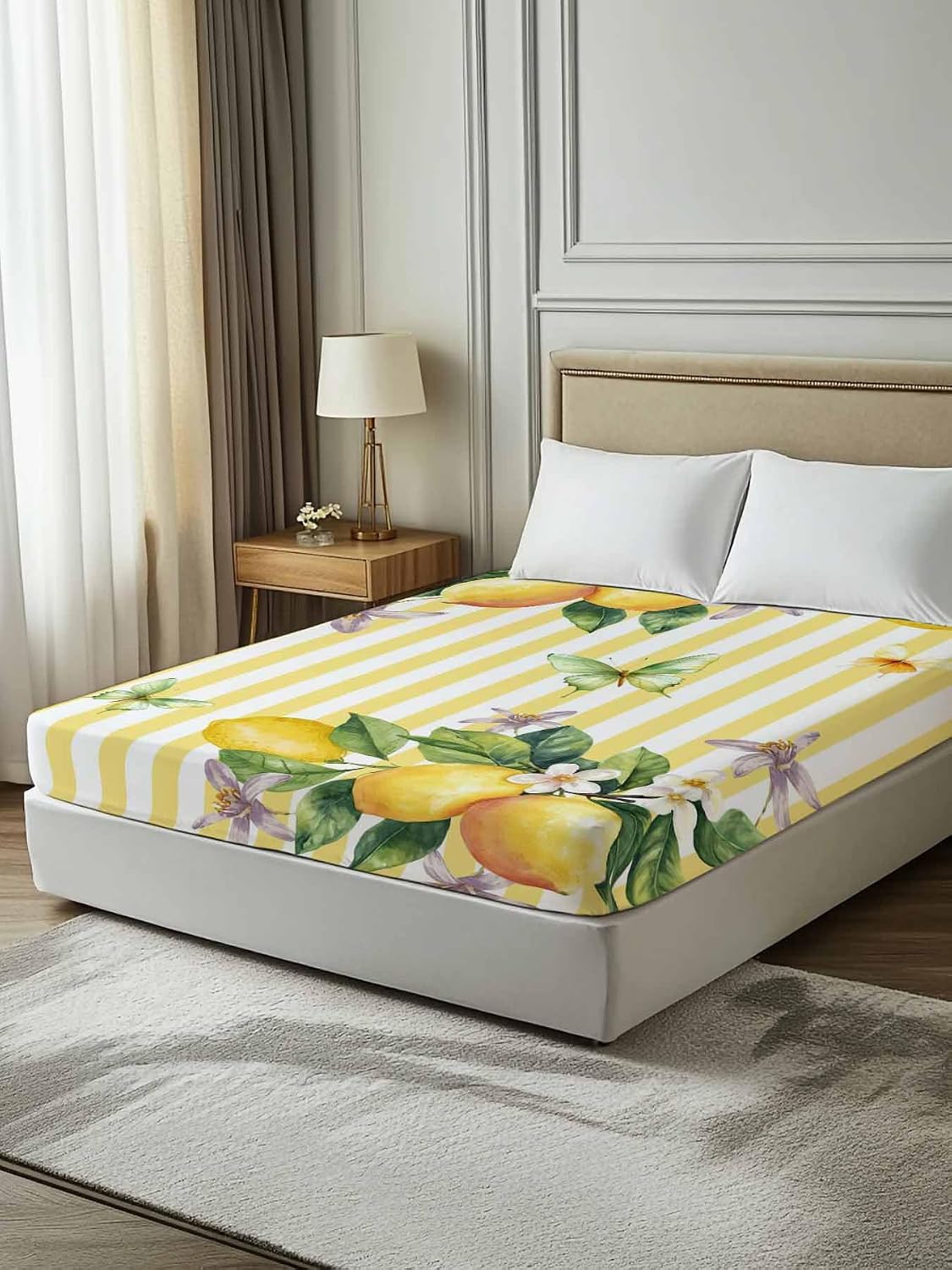 Lemon Flower Flat Bed Sheet Queen Size for Queen Mattress, Microfiber Bedding Top Sheets Deep Pocket for All Seasons, Yellow Vertical Stripes Butterfly Farmhouse Soft & Breathable Hotel Quality