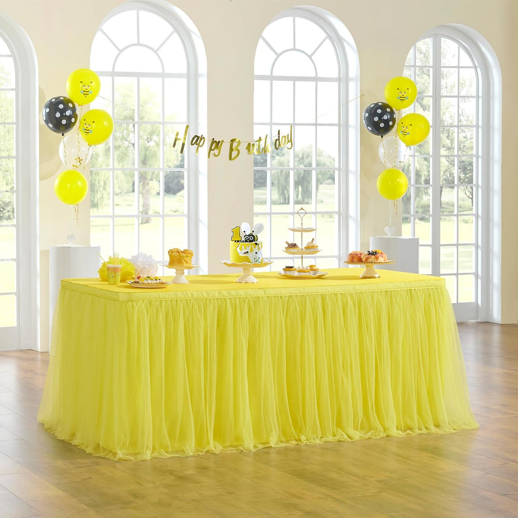 72in Yellow Tulle Table Skirts for Rectabgle Tables 6/4ft, 2-Layer Gold Grim Ruffle Tulle Tutu Cloth Table Skirt 6ft Decor Bee Themed Birthday Party Wedding Baby Shower Cake Dessert(No Table Cover)