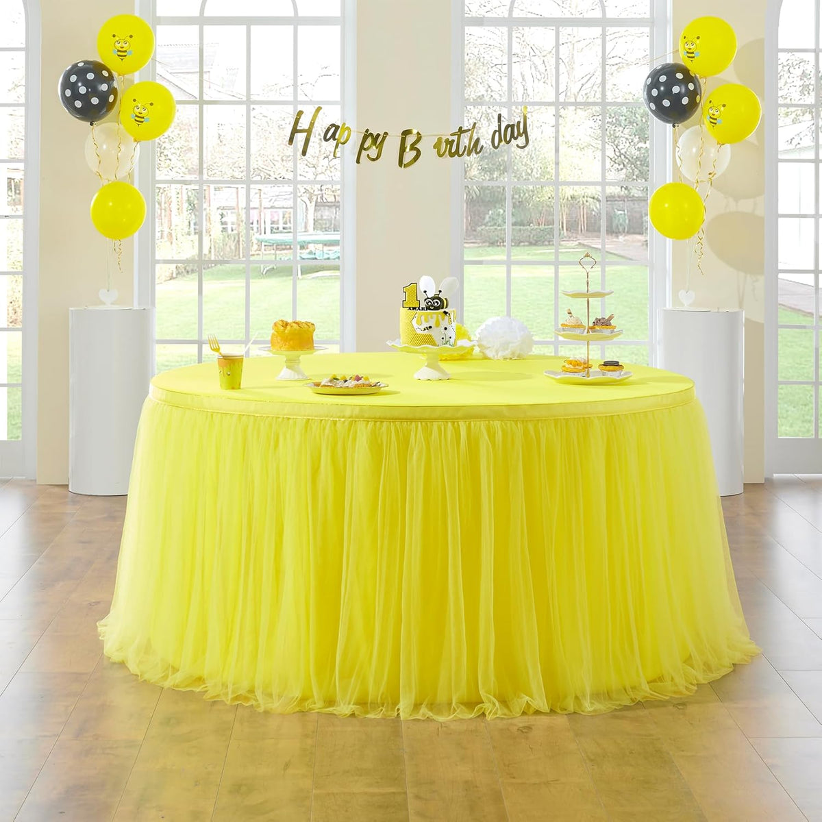 72in Yellow Tulle Table Skirts for Rectabgle Tables 6/4ft, 2-Layer Gold Grim Ruffle Tulle Tutu Cloth Table Skirt 6ft Decor Bee Themed Birthday Party Wedding Baby Shower Cake Dessert(No Table Cover)
