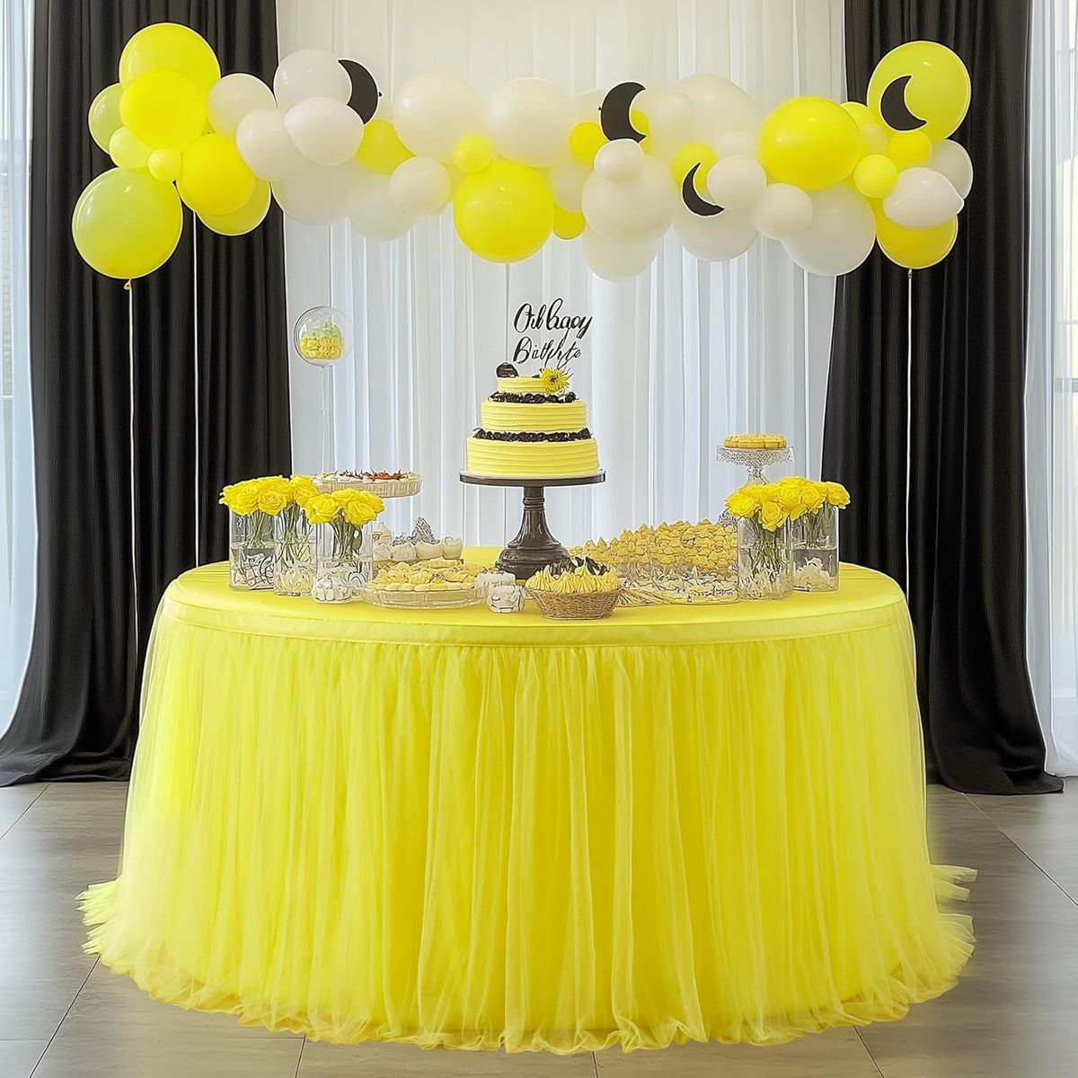72in Yellow Tulle Table Skirts for Rectabgle Tables 6/4ft, 2-Layer Gold Grim Ruffle Tulle Tutu Cloth Table Skirt 6ft Decor Bee Themed Birthday Party Wedding Baby Shower Cake Dessert(No Table Cover)