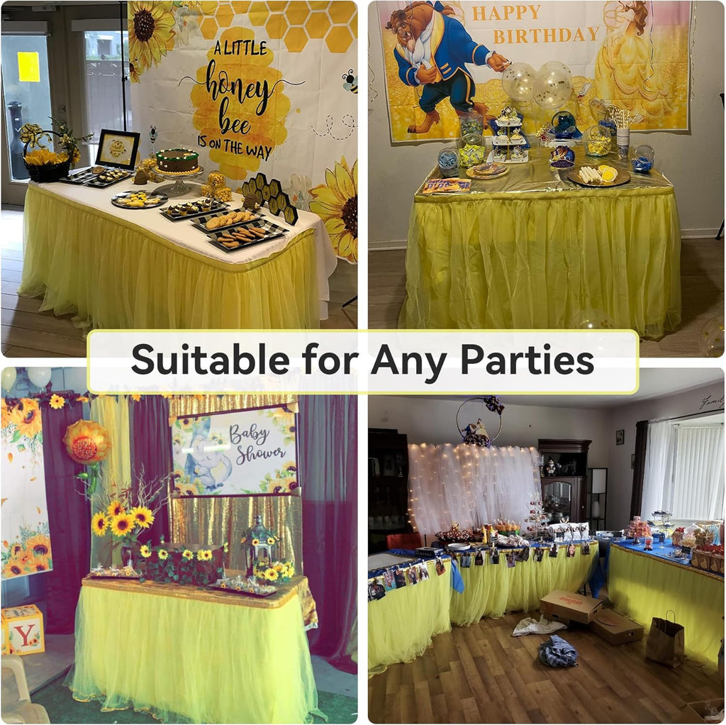 72in Yellow Tulle Table Skirts for Rectabgle Tables 6/4ft, 2-Layer Gold Grim Ruffle Tulle Tutu Cloth Table Skirt 6ft Decor Bee Themed Birthday Party Wedding Baby Shower Cake Dessert(No Table Cover)