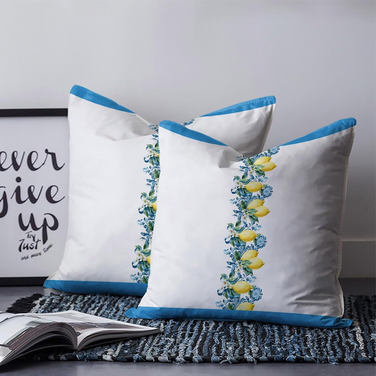 Watercolor Lemon Stripes 2PCS Throw Pillow Covers for Couch Sofa Bed, Country Yellow Fruit Flowers Pillow Covers 16x16 inch, Standard Pillowcases Set Decorative Cushion Covers for Living Room Bedroom