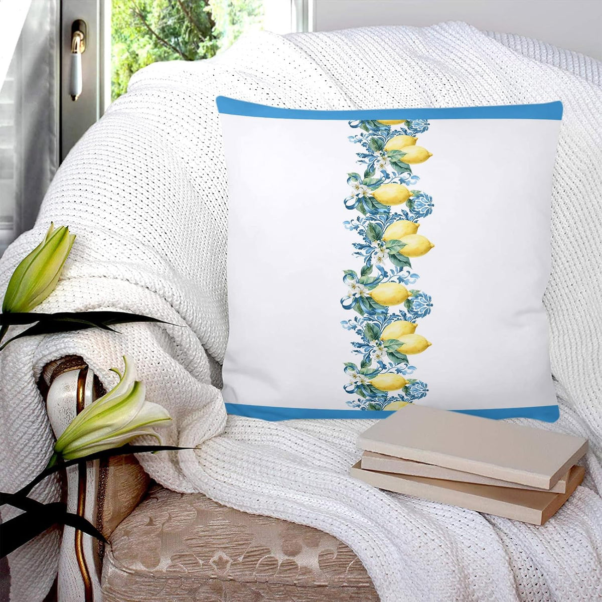Watercolor Lemon Stripes 2PCS Throw Pillow Covers for Couch Sofa Bed, Country Yellow Fruit Flowers Pillow Covers 16x16 inch, Standard Pillowcases Set Decorative Cushion Covers for Living Room Bedroom