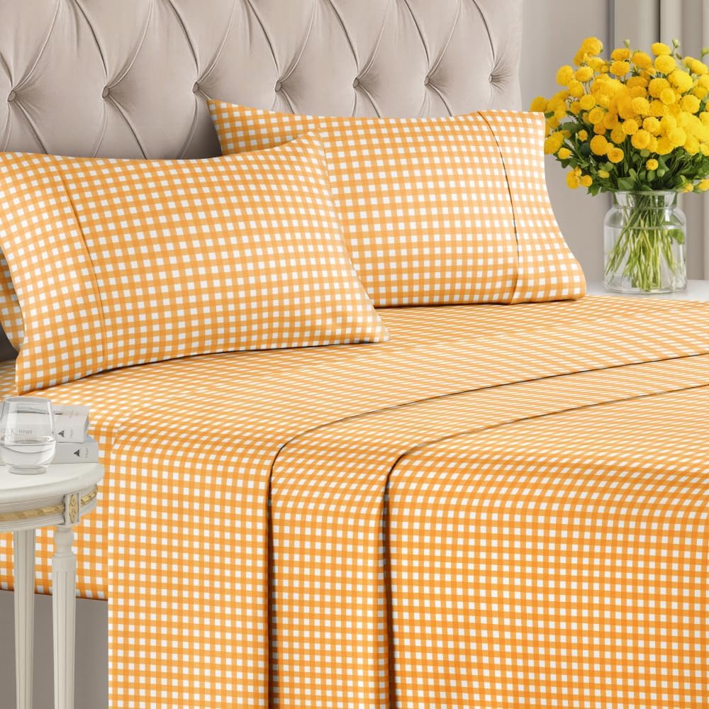 King 4 Piece Striped Sheet Set - Breathable & Cooling - Orange Gingham