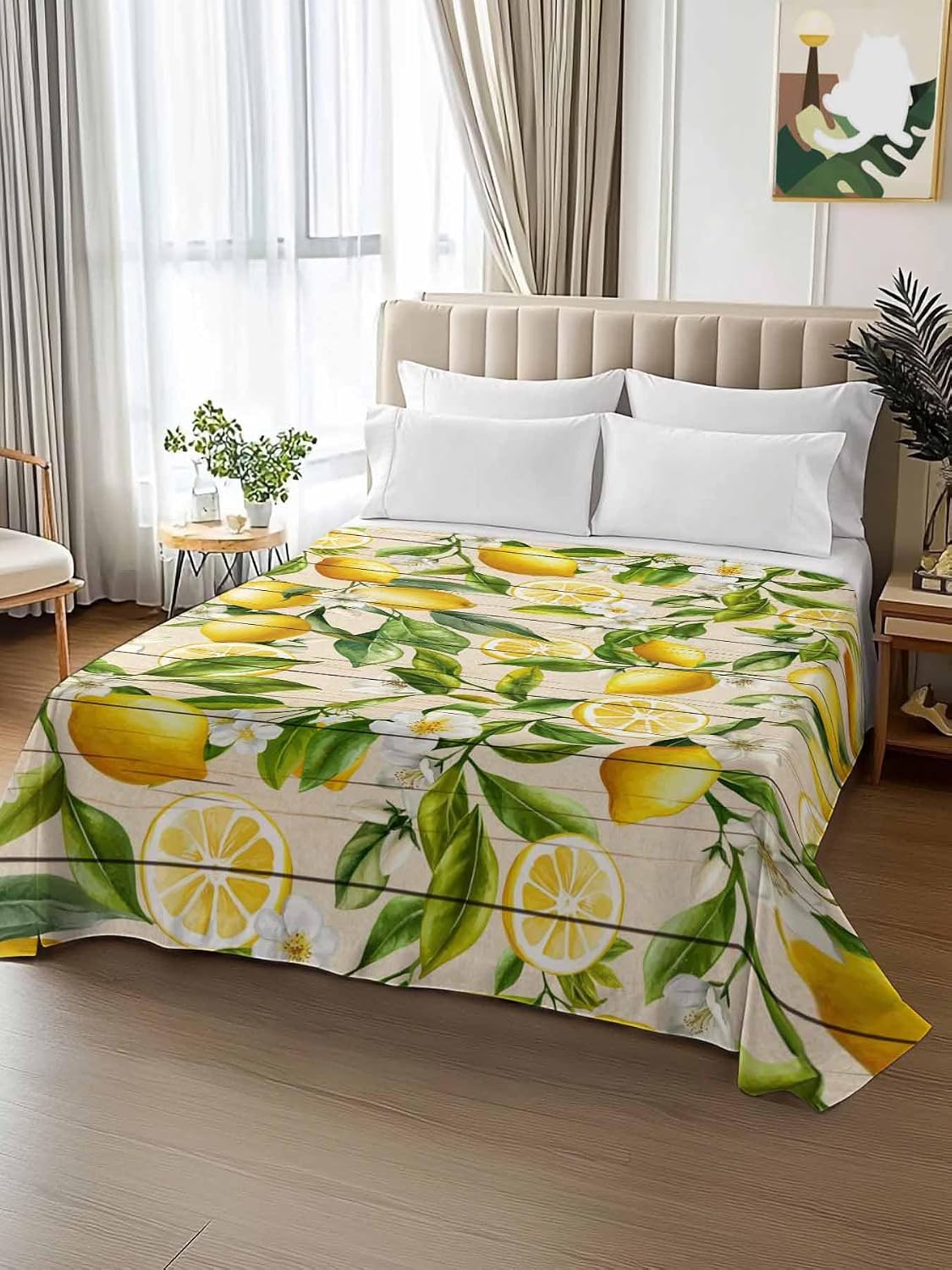 Queen Size Top Sheet Only, Farm Fruits Lemon Floral Flat Sheet Microfiber Breathable Soft Bed Sheets, Yellow Wood Texture Hotel Bedding Flat Sheets for Bedroom