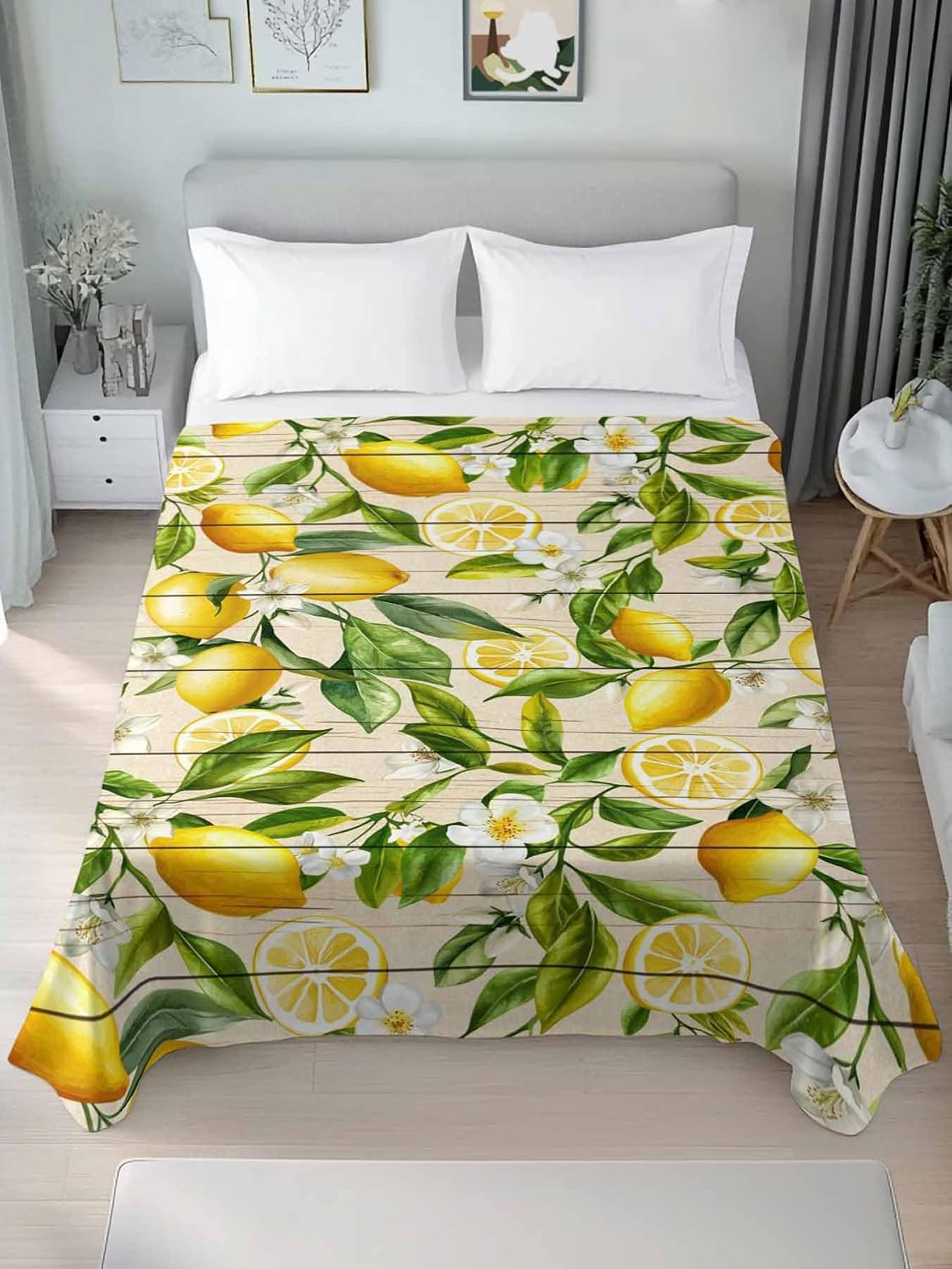 Queen Size Top Sheet Only, Farm Fruits Lemon Floral Flat Sheet Microfiber Breathable Soft Bed Sheets, Yellow Wood Texture Hotel Bedding Flat Sheets for Bedroom