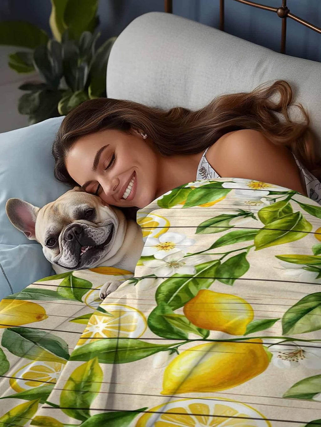 Queen Size Top Sheet Only, Farm Fruits Lemon Floral Flat Sheet Microfiber Breathable Soft Bed Sheets, Yellow Wood Texture Hotel Bedding Flat Sheets for Bedroom