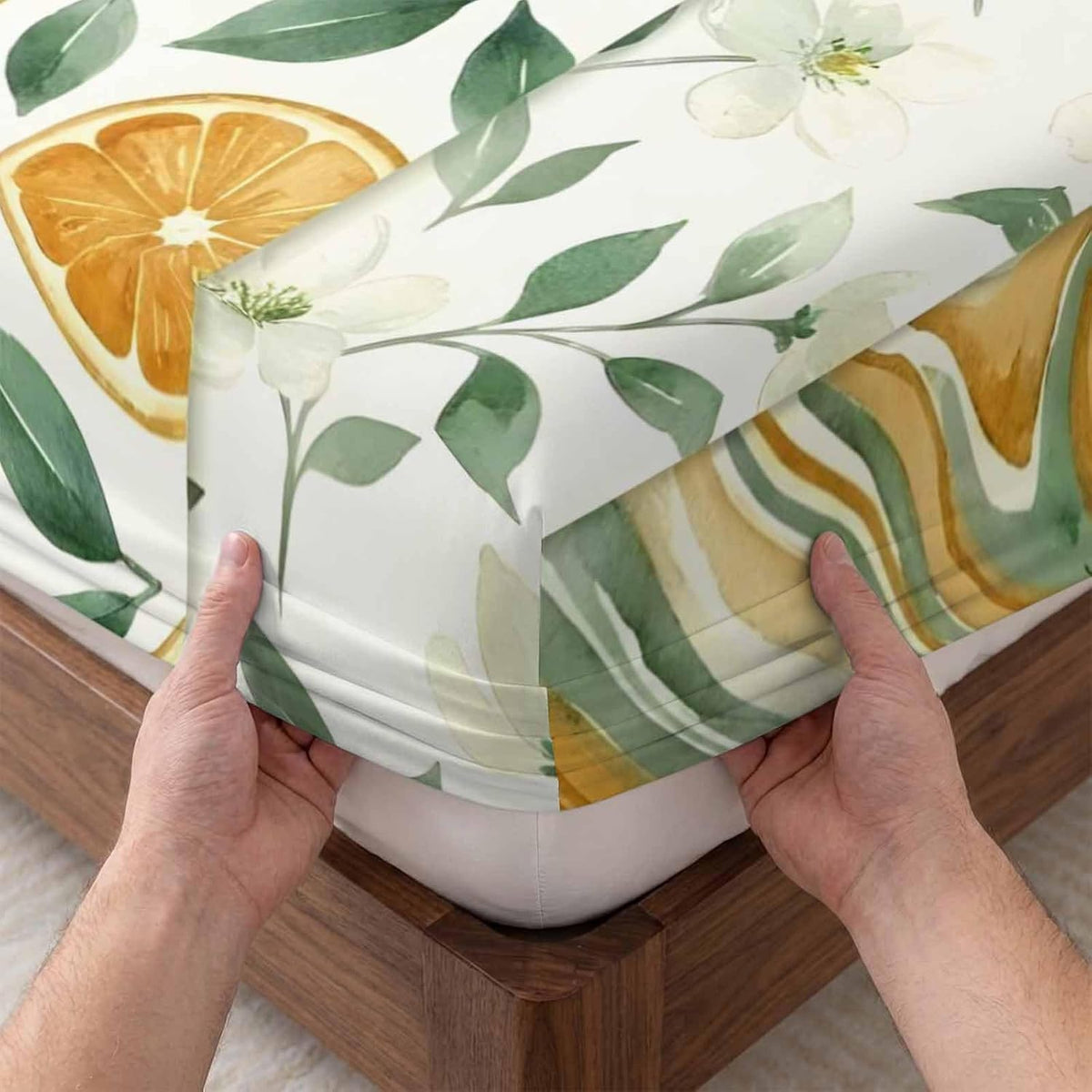Twin Sze Fitted Sheet Set - Yellow Lemons 2 Piece Bedding Sets 16" Deep Pocket Fitted Sheet with 1 Pillowcase, Summer Botanical Green Leaves Fruits Striped Brushed Microfiber Hotel Luxury Bed Sheets