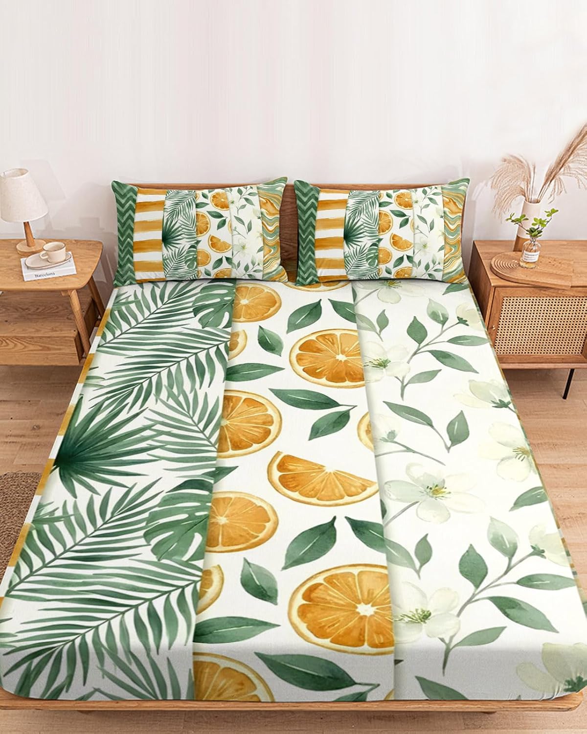 Twin Sze Fitted Sheet Set - Yellow Lemons 2 Piece Bedding Sets 16" Deep Pocket Fitted Sheet with 1 Pillowcase, Summer Botanical Green Leaves Fruits Striped Brushed Microfiber Hotel Luxury Bed Sheets