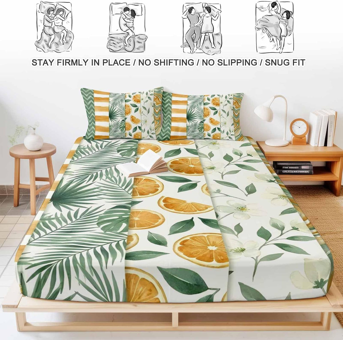 Twin Sze Fitted Sheet Set - Yellow Lemons 2 Piece Bedding Sets 16" Deep Pocket Fitted Sheet with 1 Pillowcase, Summer Botanical Green Leaves Fruits Striped Brushed Microfiber Hotel Luxury Bed Sheets